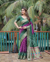Green And Purple Paithani with Bandhej Saree With Zari Weaving